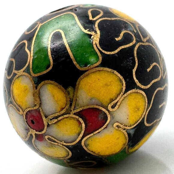 Cloisonne 5 Black Beads 14 MM Yellow Pink Green Flowers Cloisonne Beads 14 MM - Picture 6 of 8